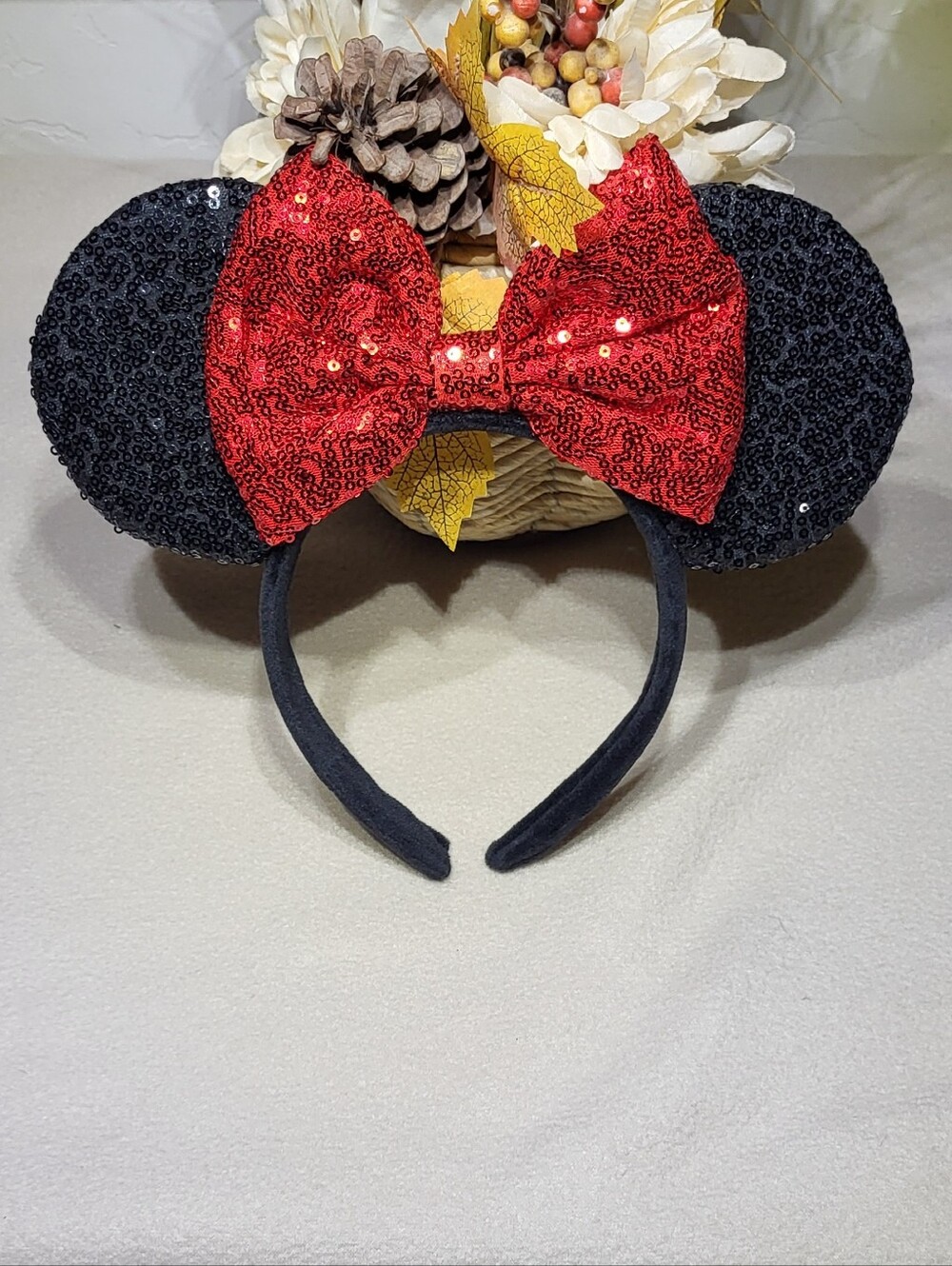 Disney Inspired NWOT Black Sequin Minnie Mouse Ears with Red Bow - Headband - Picture 2 of 4